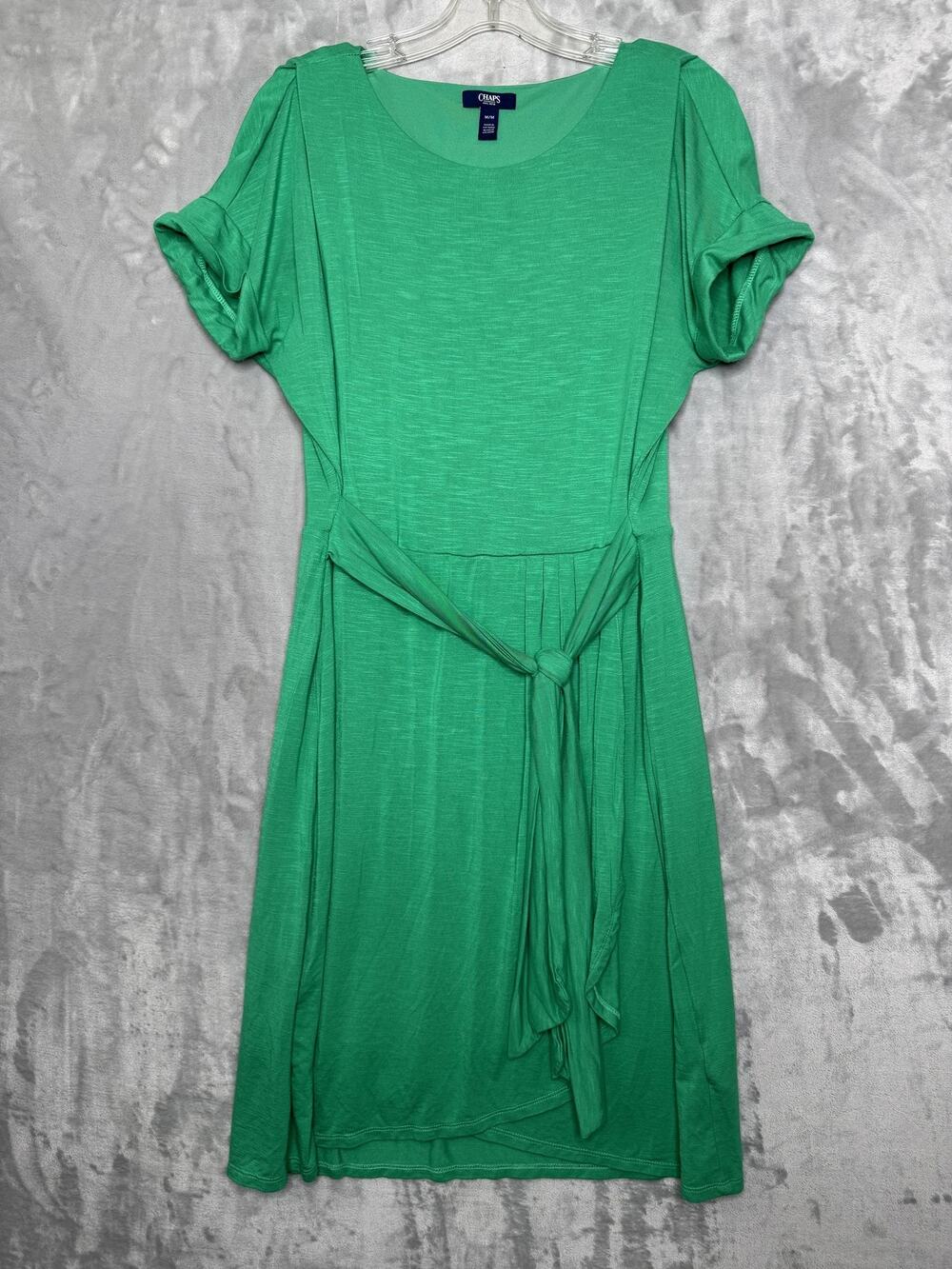 Chaps Dress Womens Medium Green Short Sleeve Belted Tie Waist Stretch Lined